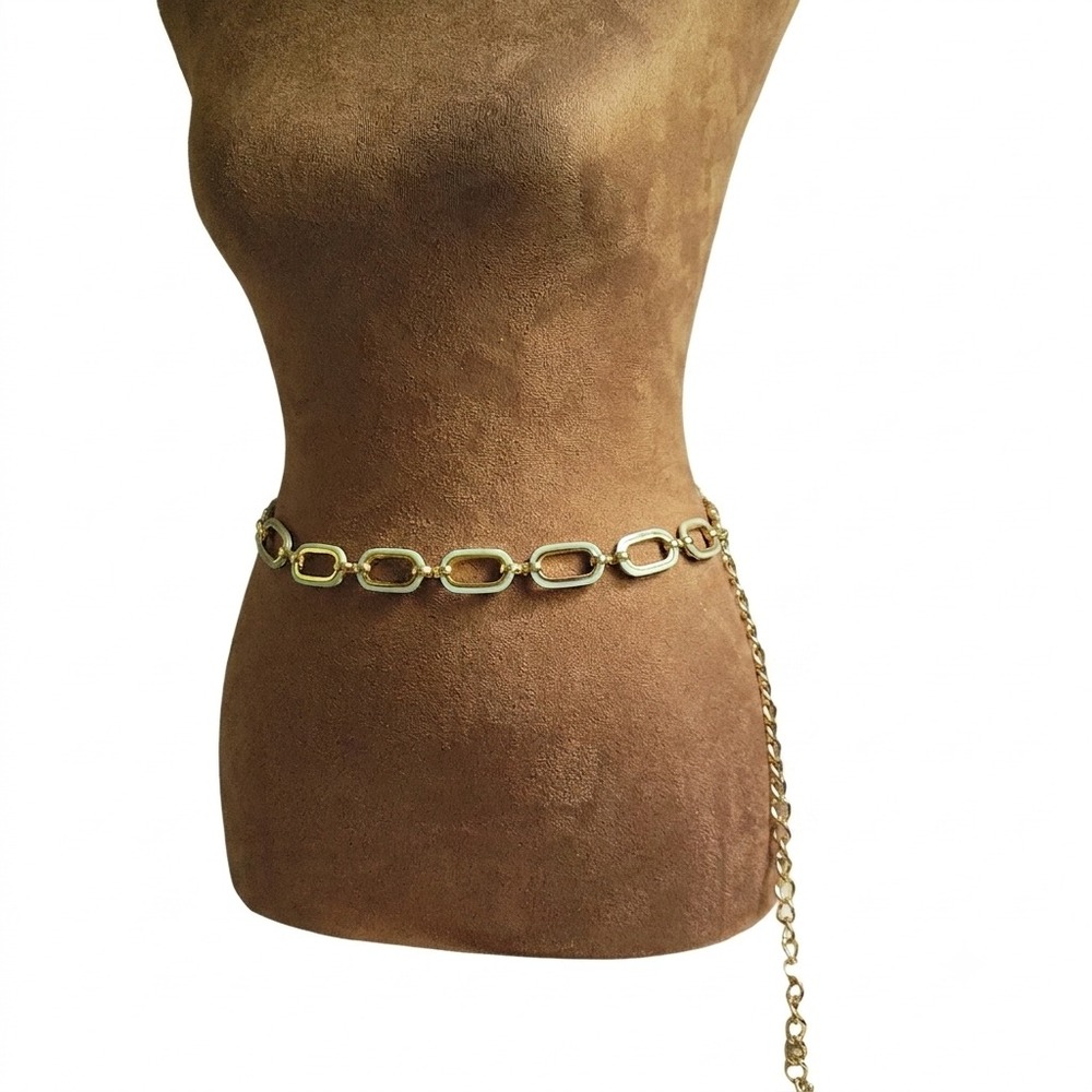 Vintage Gold Tone Mint Enamel Oval Link Chain Belt Necklace 36" Retro Aesthetic